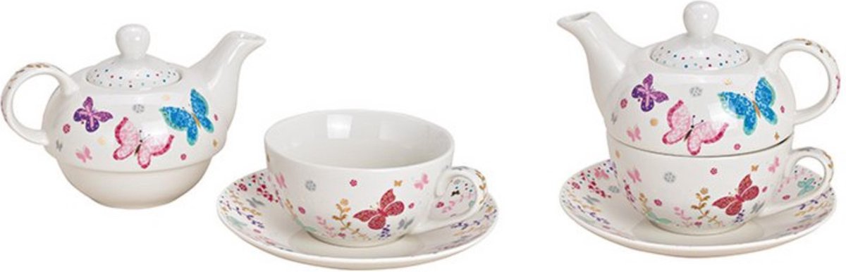 Cadeau tip - Theepot set vlinder decor van porselein set van 3 - Tea For One set - inhoud 1 kop thee - vaatwasserbestendig - magnetron veilig