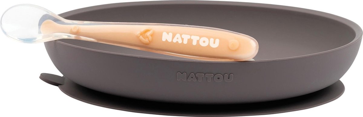 Nattou Siliconen 2-delig Servies voor Kinderen - Antislip Bord - BPA-vrij - Aubergine / Perzik