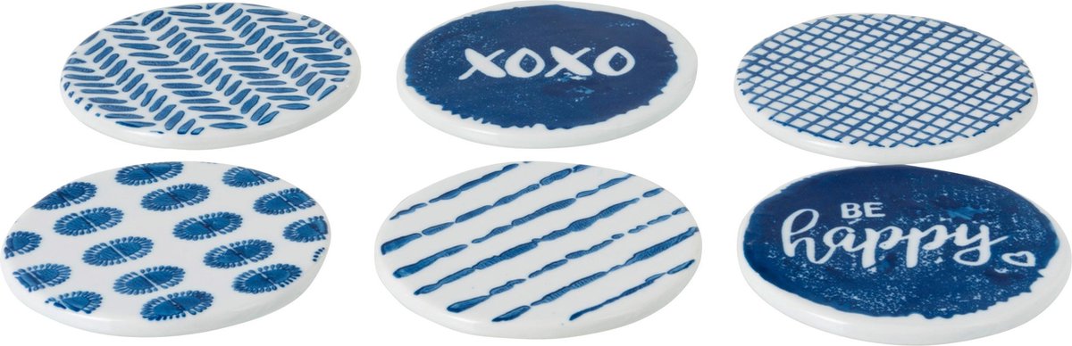 J-Line Doos Van 6 Onderzetters Print Porselein Blauw/Wit