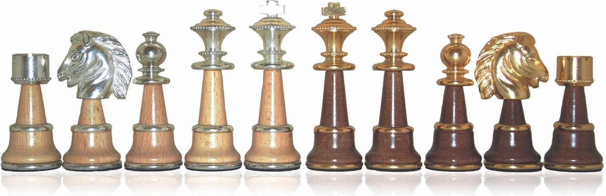Luxe schaakset - XL houten met goud en zilver gedecoreerde schaakstukken + Beek wood houten schaaktafel Albaster - 60 x 60 x 70 cm