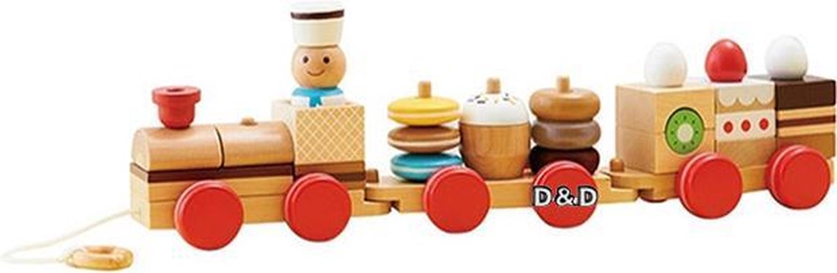 3-in-1 Houten Speelgoedtrein & Vormenstoof met 10 verschillende snacks - Pull-Along  - Trekspeeltje - Trekfiguur - Houten vrachtwagen