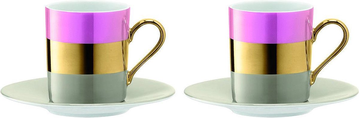 L.S.A. Bangle Koffiekop en Schotel - Porselein - Set van 2 Stuks - Metallic Pink