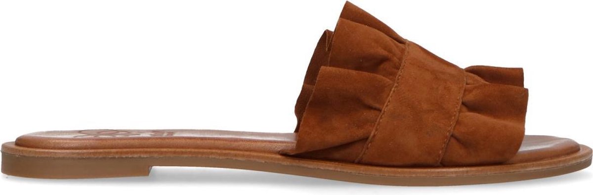 Mrs Keizer by Manfield - Dames - Cognac suède slippers met ruffles - Maat 38