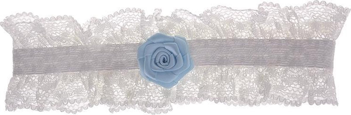Kousenband ivoor met blauwe bloem