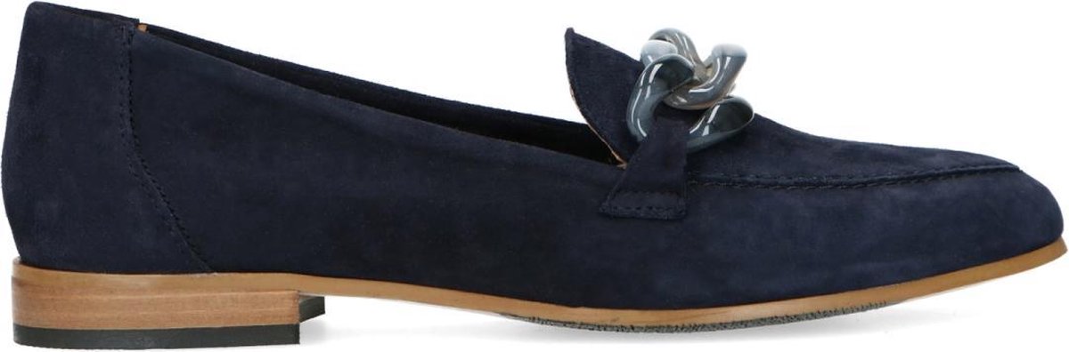 Manfield - Dames - Donkerblauwe suède loafers met grove ketting - Maat 40