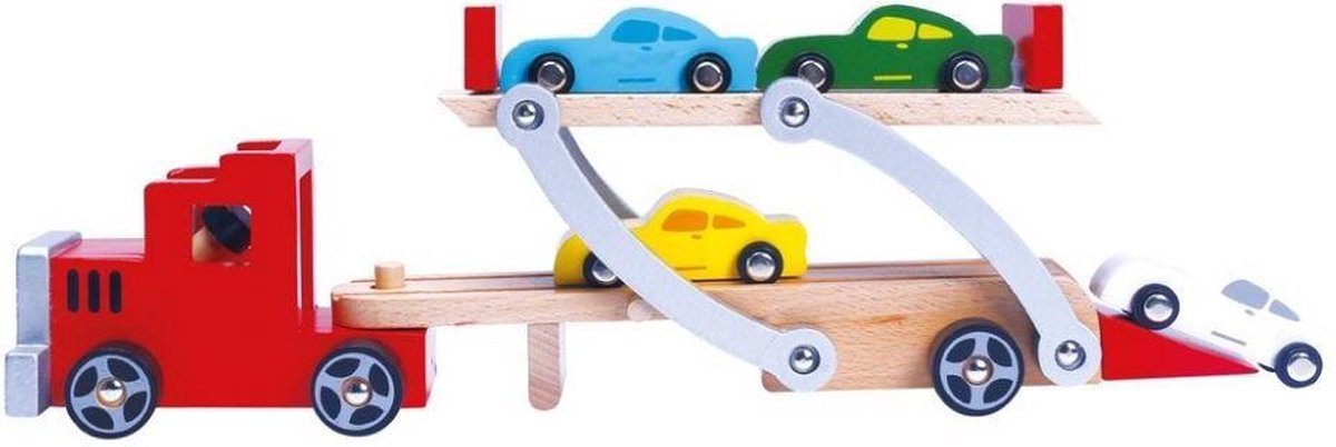 Bino Autotransporter Big Truck Junior 37 Cm Hout Rood 7-delig