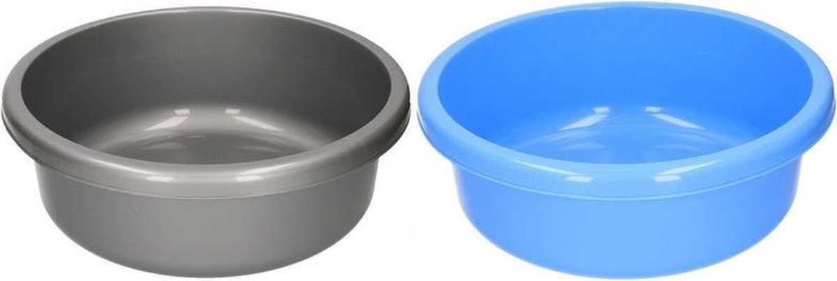 2x Kunststof afwasteil blauw en grijs - 9 liter - afwasbak / teiltje