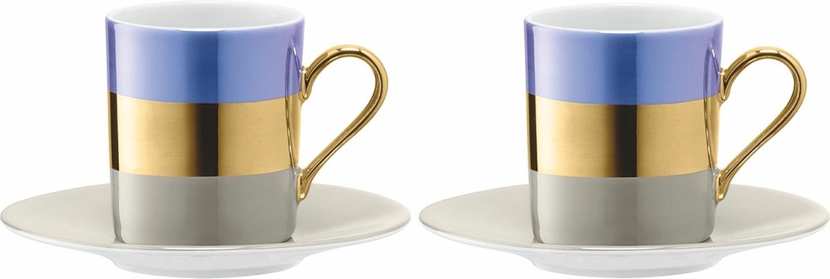 L.S.A. Bangle Koffiekop en Schotel - Porselein - Set van 2 Stuks - Metallic Blauw