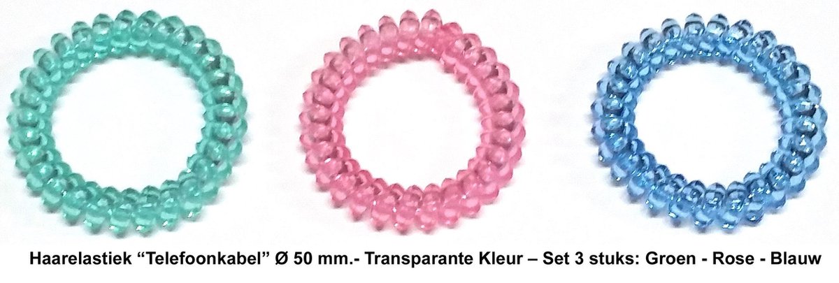 Rojafit “Telefoonkabel” Haarelastiek - Maxi - Ø 50 mm - Set 3 Stuks - Transparant: Groen-Rose-Blauw