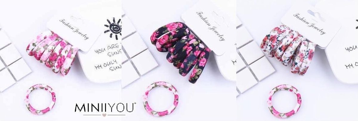 MINIIYOU® Set 3 pack  (18 stuks) | Gebloemde haarelastiekjes zonder metaal | dames - meisjes elastieken bloemenprint | elastische elastiekjes