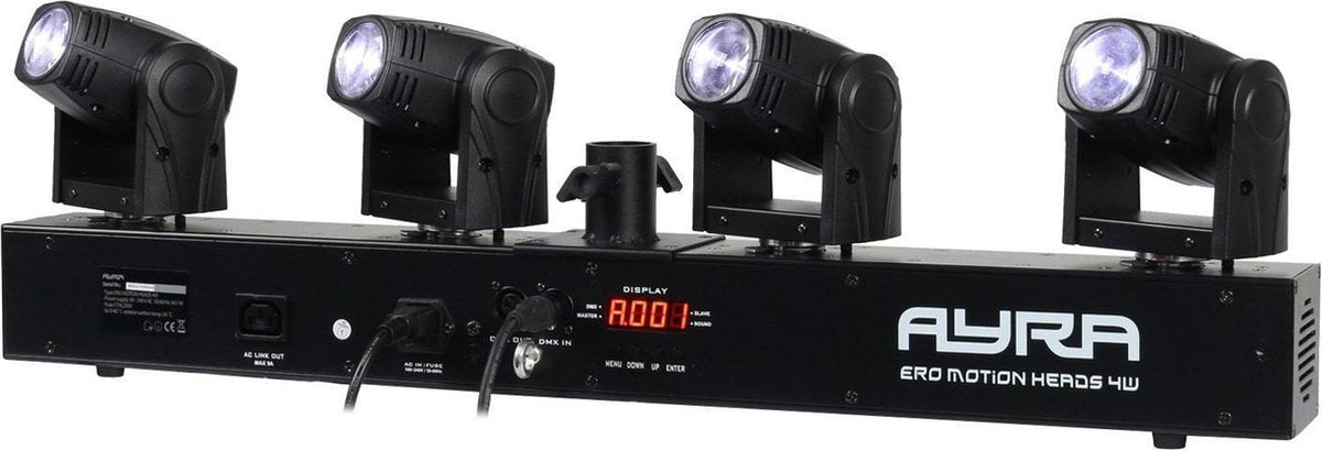 De vier compacte moving heads op de Ayra ERO Motion Heads 4W geven strakke