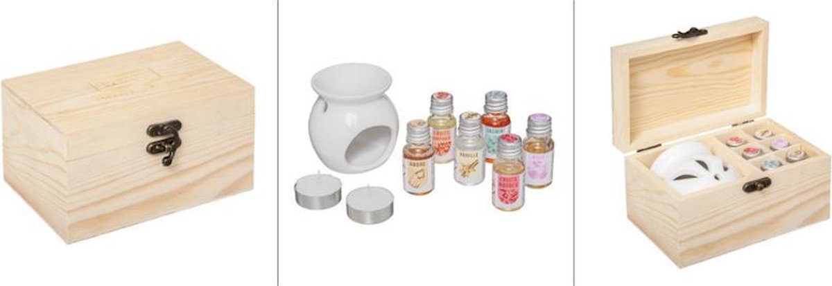 Oliebrander gifset | Houten Geurdoosje 1 Parfumbrander 6 Flesjes olie en 2 Kaarsen