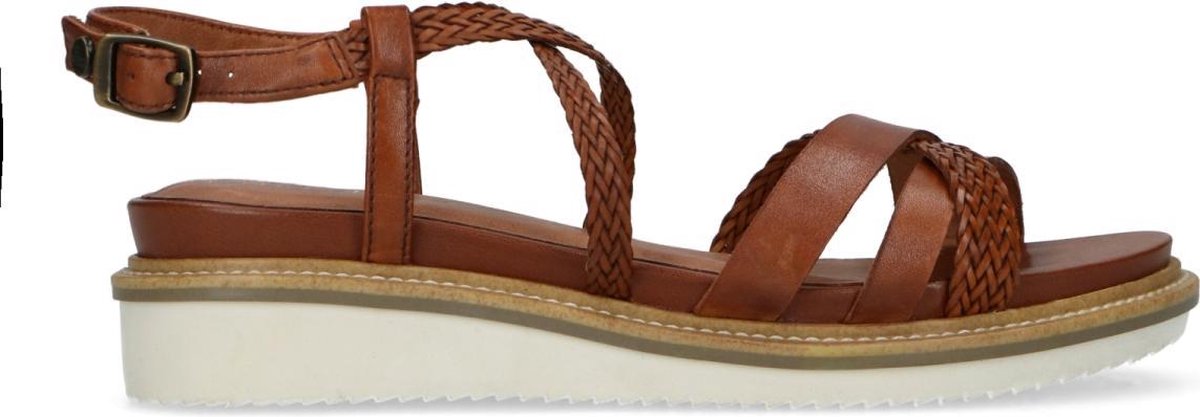 No Stress - Dames - Cognac leren sandalen met gevlochten bandjes - Maat 38