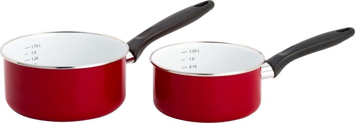 Lite-Body - Back to Basics - Pannenset - Emaille - 2-delig - Steelpan Ø 16cm en Ø 18 cm - Robijn rood