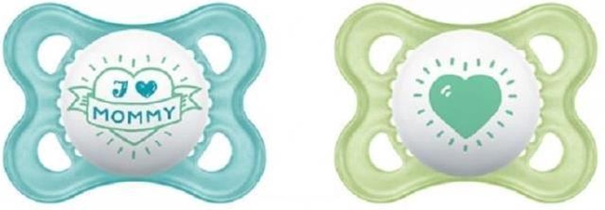 MAM Fopspeen Decor Message - 0-6 maanden - Siliconen - Sterilisatiedoos - Set van 2 - Mommy groen