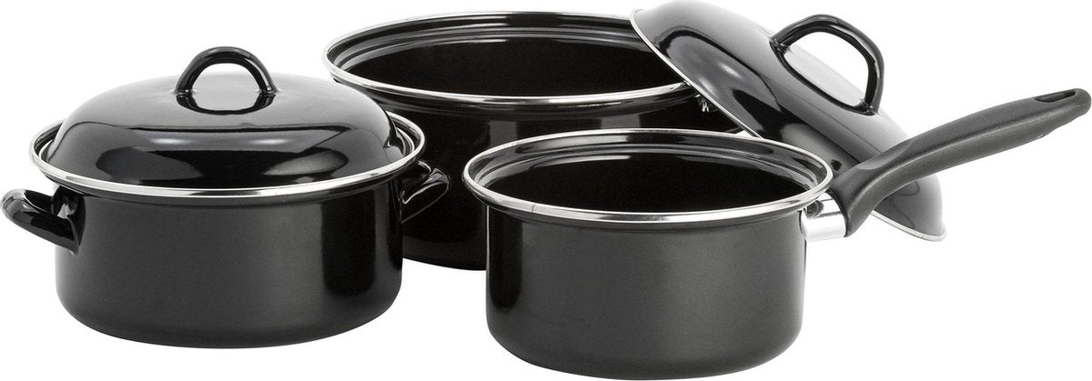 Lite-Body - Magnus Pannenset 3-delig - kookpan 18 en 20 cm met deksels  en steelpan 16 cm- Emaille - Mystique Zwart