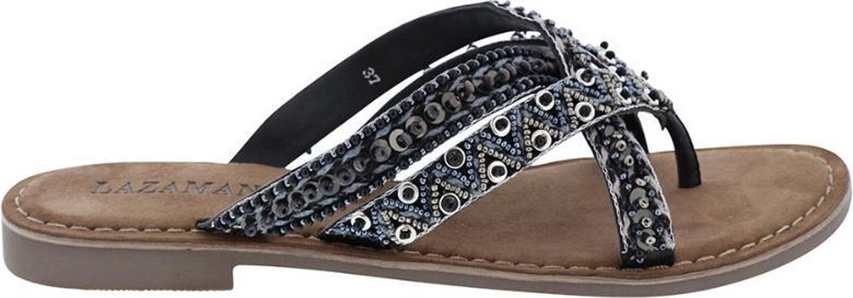 Lazamani 75.526 - Leren teenslipper met kraaltjes zwart maat 45