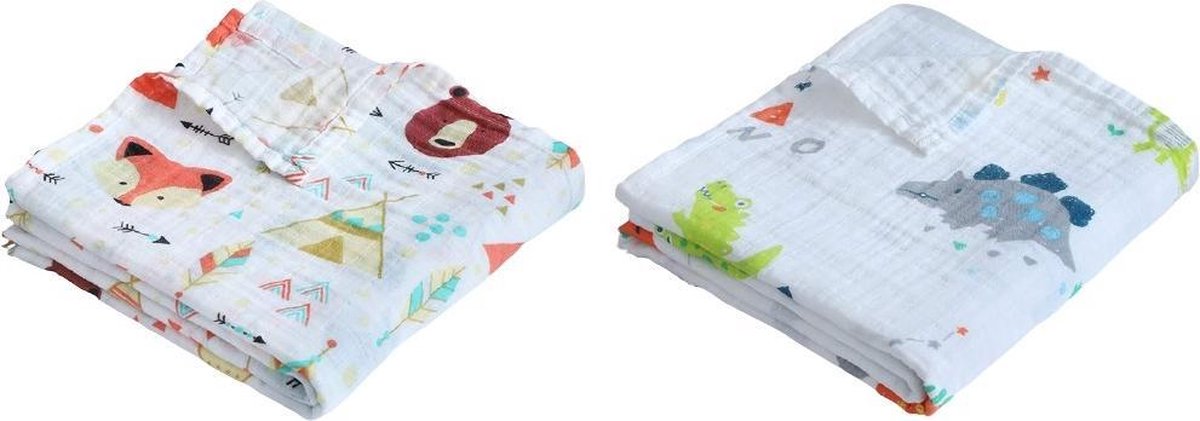 2 stuks Hydrofiele doek XL - 115x115 cm - Inbakerdoek - dinosaurs -  Swaddle doek groot - Hydrofiele luier