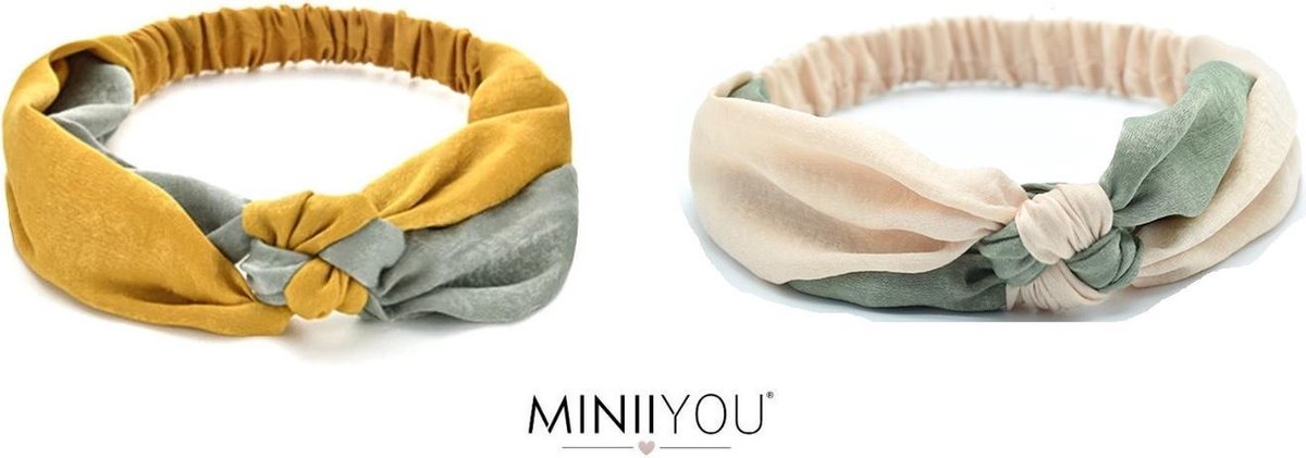MINIIYOU® Set 2 stuks | Tweekleurige dames haarbanden met knoop groen - lichtroze | dames - meiden - volwassenen - vrouwen - tieners haarbanden