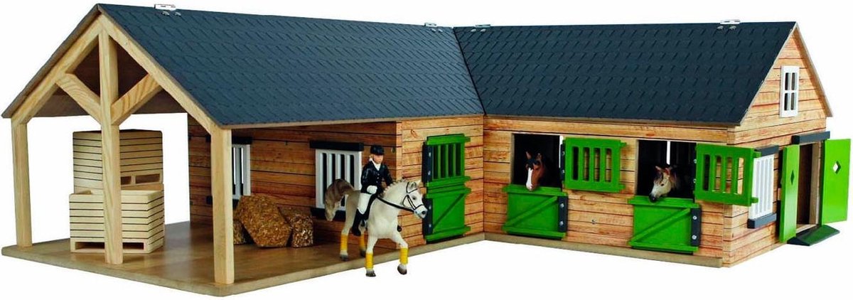 Kids Globe - Paardenhoekstal met wasplaats 3 boxen en berging - Speelfigurenset - 68 x 77 x 27 - Schaal 1:24 (610211)