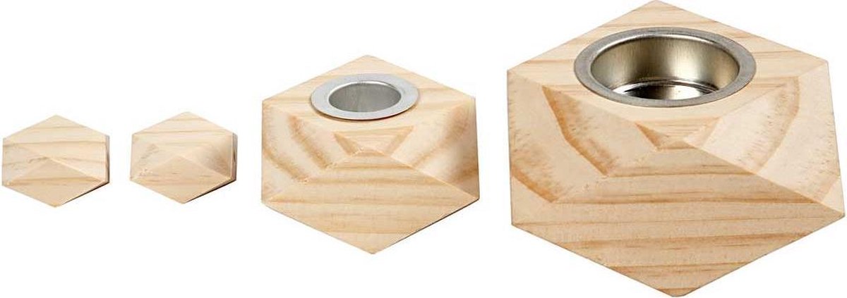 Kaarsenhouder. H: 3.4+5 cm. D: 6.2+9 cm. pine. 1set. hole size 2.2+4.2 cm