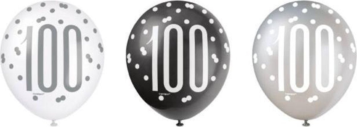 Ballonnen 100 jaar - zwart/zilver/wit - 6 stuks