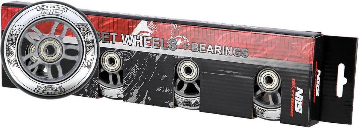 Nils Extreme - skeeler wielen - 90mm/24mm - ABEC9  -  4 stuks zwart/zilver inclusief lagers !