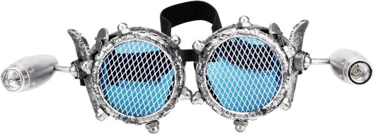 Steampunk bril goggles studs met gaas - zilver LED lampjes hoge hoed
