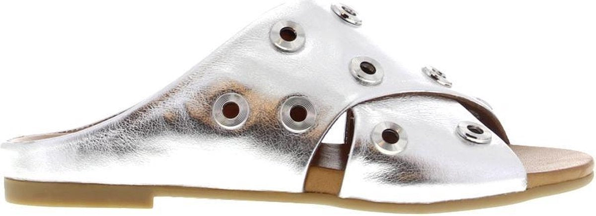 Tango | Mila 3-f silver leather cross slipper rings - cognac sole | Maat: 39