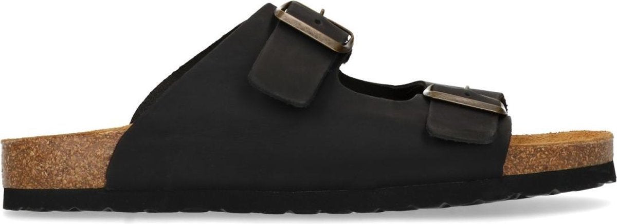 Manfield - Heren - Zwarte leren slippers - Maat 44