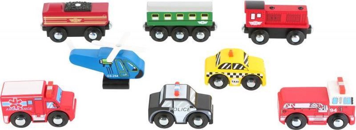 Set van 8 kleine voertuigen geschikt voor rails