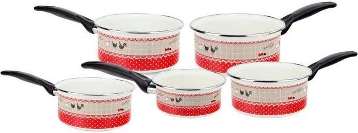 BAUMALU Serie 5 pannen emaille - 12 tot 20 cm - Patroon Hen