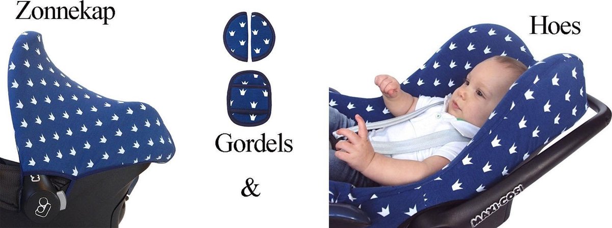 Wallabiezzz - Maxi Cosi hoes - VOORDEELSET - Hoes + Kap + Gordelbeschermers - Kroontjes - Blauw