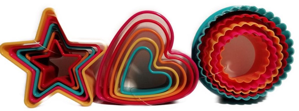Uitsteek Vormpjes - Hartje - Cirkel - Ster - Kuntstof - Felle Kleuren - Koekjes Bakken - Ook geschikt voor Klei - Voor groot en klein Voordeelset 15 Stuks