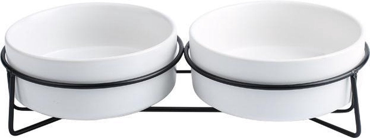 ElegaPet Honden Drink en Voerbak Wit + Ijzeren Standaard - 2x Keramieke Drinkbak + Ijzer Onderframe - Design item voor in huis - Hond
