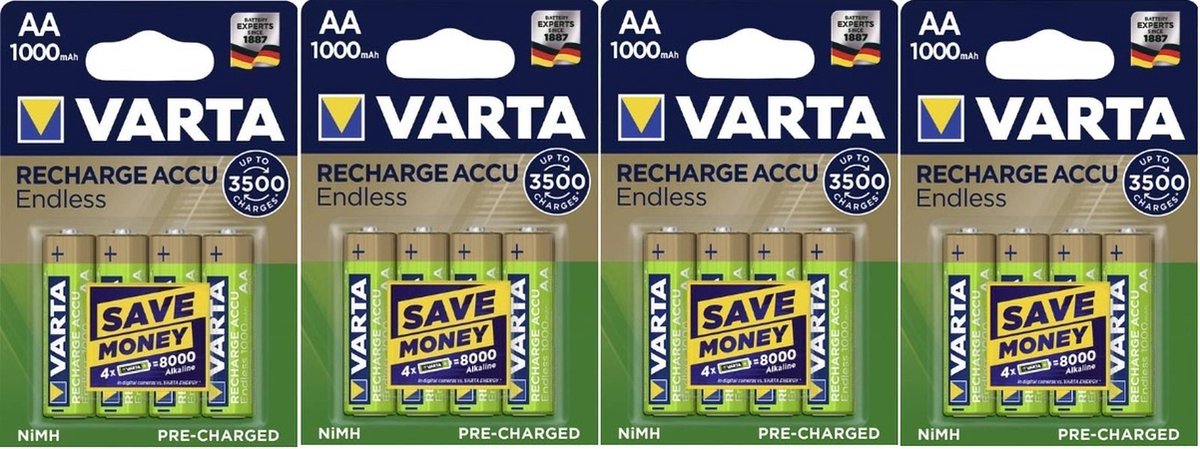 16 Stuks (4 Blisters a 4st) Varta Oplaadbare AA batterij 1000 mAh