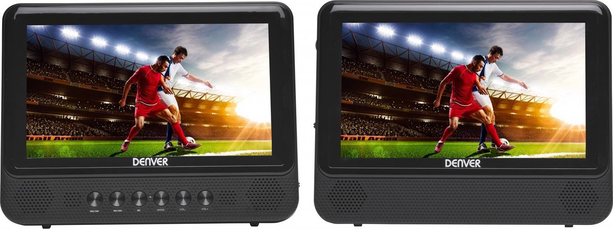 Denver MTW-757Twin / Draagbare DVD speler auto met twee schermen / Oortelefoons meegeleverd / Bevestigingsriempjes / Ingebouwde stereospeakers / USB Poort / Zwart