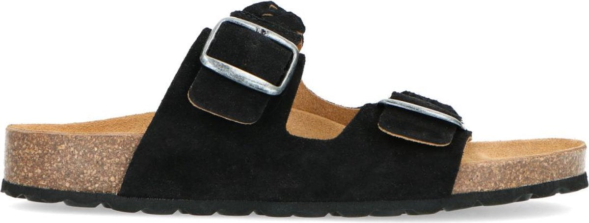 Manfield - Dames - Zwarte suède slipper met gevlochten detail - Maat 39
