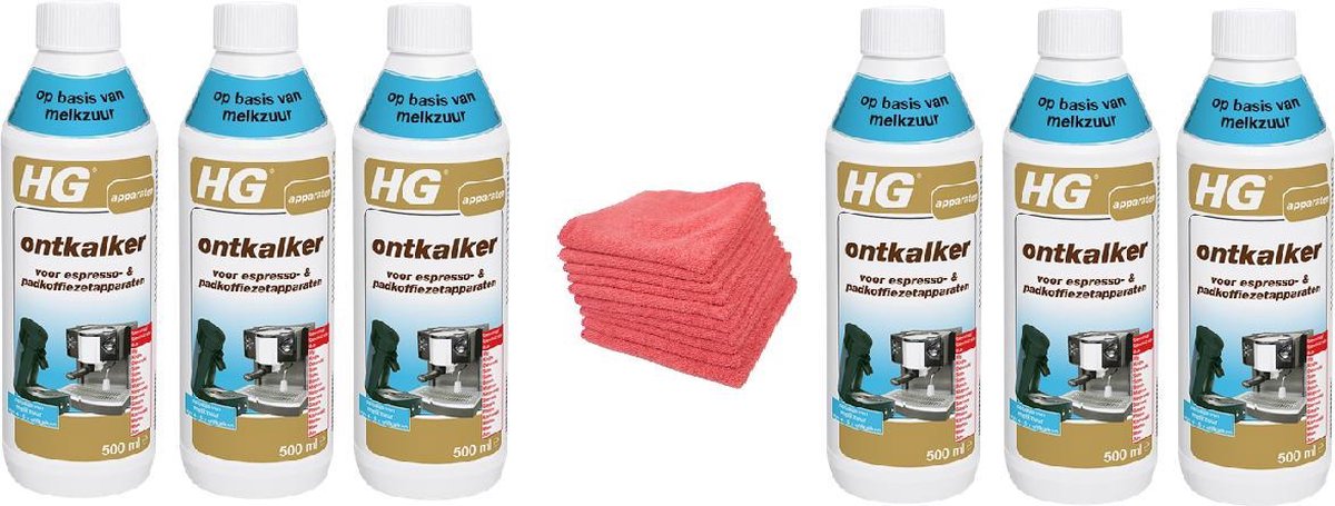 HG ontkalker voor espresso- & padkoffiezetapparaten op basis van melkzuur Doos 6 Stuks + 10 Microvezeldoeken