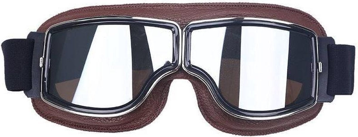 Bruin leren cruiser motorbril zilver reflectie glas