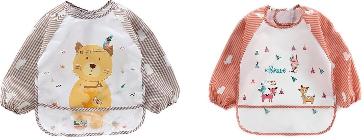 Duo pack - Slabbetje met lange mouwen kat & hertje met opvangbak baby peuter - kliederschort- verfschort