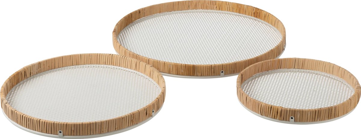 J-Line Set Van 3 Plateaus Rond Metaal/Rotan Wit/Naturel