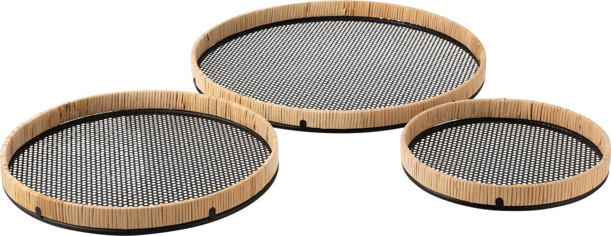 J-Line Set Van 3 Plateaus Rond Metaal/Rotan Zwart/Naturel