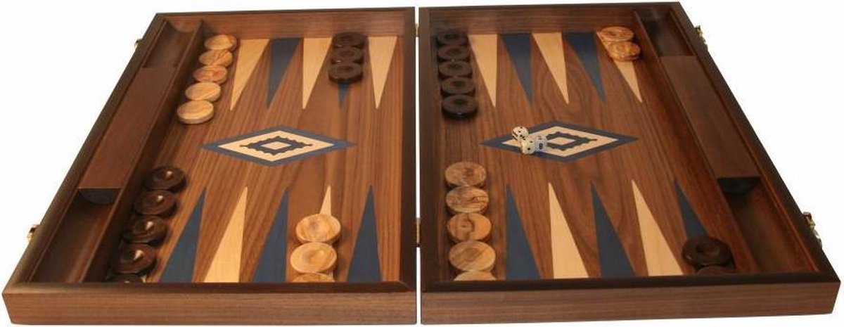 Walnoothout Backgammon - Blauwe  inleg