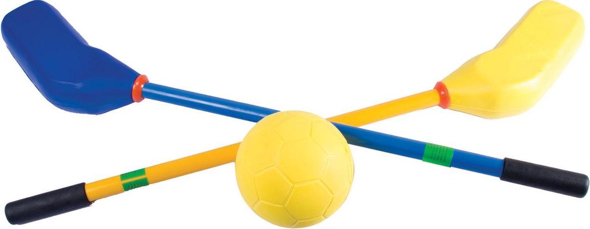 Knotshockey |Soft Floor Hockey | Tamponhockey | 2 x 6 sticks en 2 ballen | Knotsbal | Bouncebalset | geel Blauw