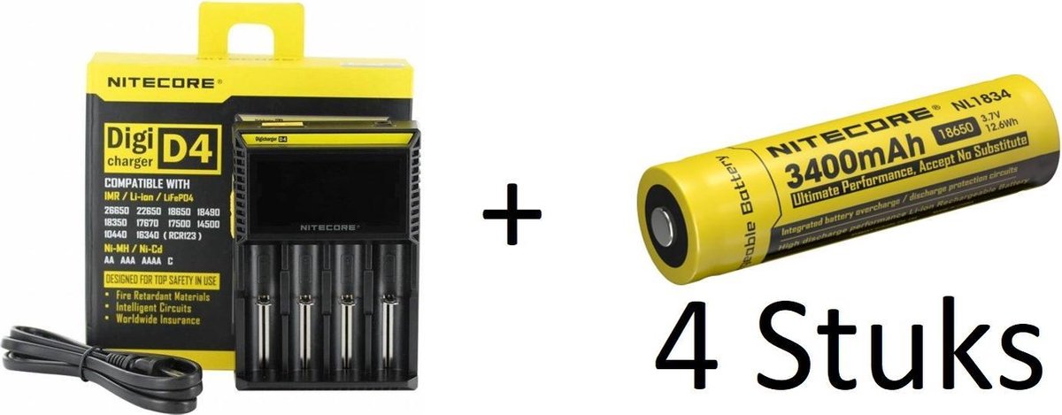 Nitecore Digicharge D4 EU 4 chanel  Smart charger for Li-ion/Nimh/Ni-Cd batteries + 4  Nitecore 18650 3400 mah Batterijen