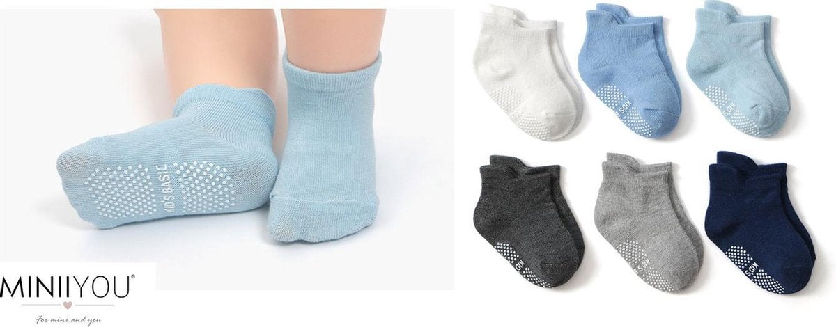 6 paar - Stevige Antislip sokken effen blauw grijs (1-3 jaar) - jongens baby en dreumes enkelsokjes anti slip - Maat 21-24