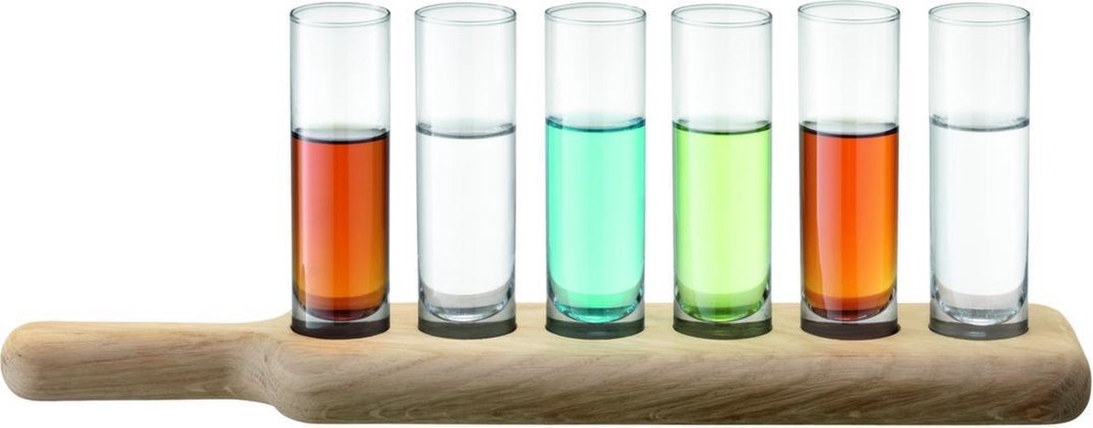 LSA Paddle Vodkaglazen - Met Houten Dienblad - Transparant - Set van 6 Stuks