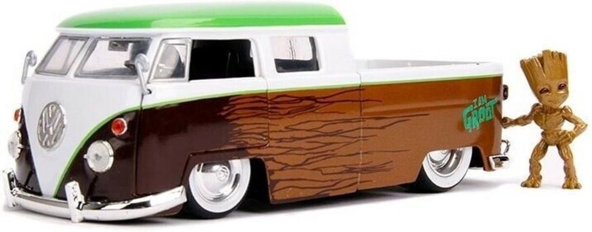1963 Volkswagen Bus Pickup + Marvel Groot Figuur (Bruin/Wit/Groen) (25cm) 1/24 Jada - Modelauto - Schaalmodel - Model auto - Miniatuurautos - Miniatuur auto