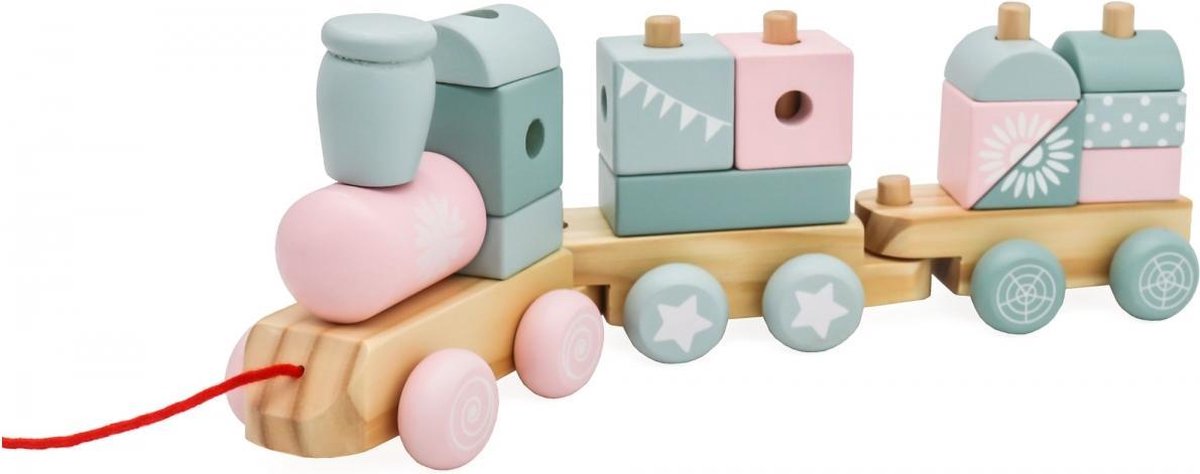 Mamabrum Trein Roze Hout - Trein Speelgoed - 2 Wagonnetjes met houten blokken